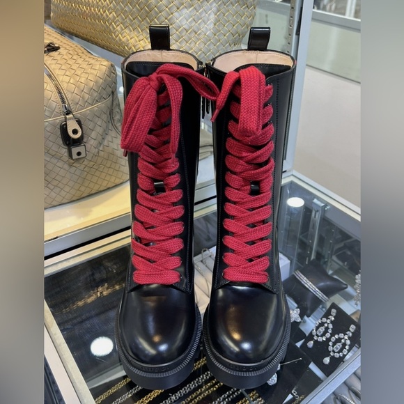 New GUCCI Black Leather Sylvie Web Stripe Lace Up Combat Boots Size 36.5 - Picture 13 of 13